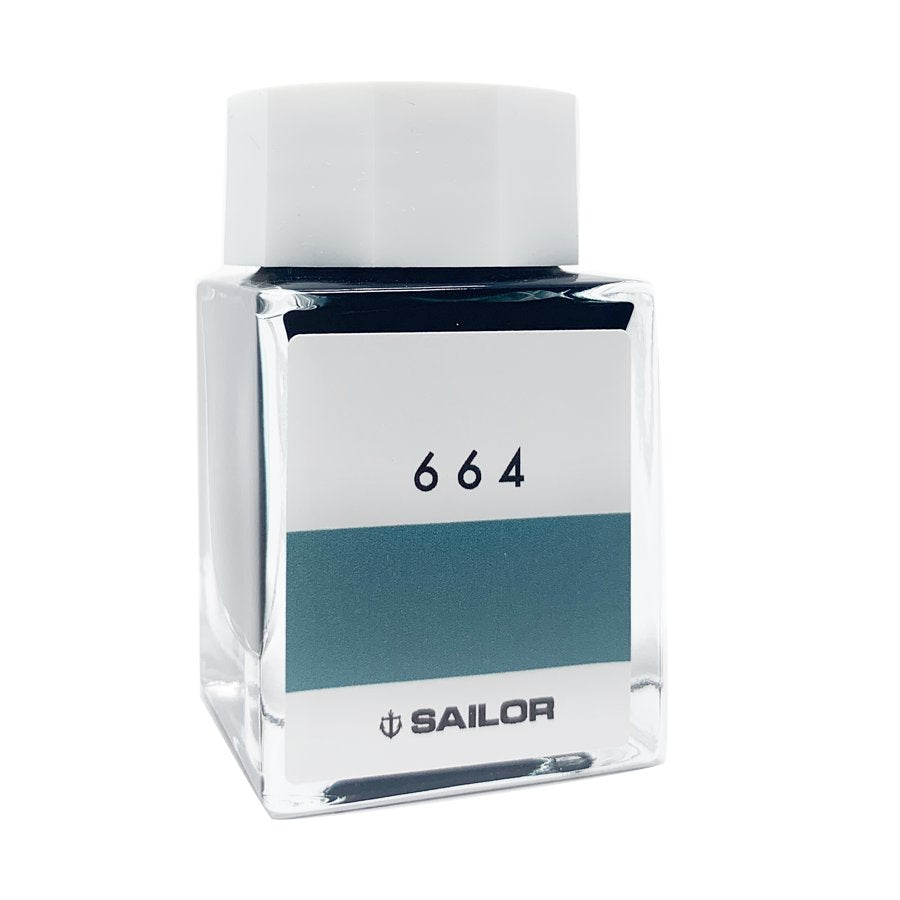 Sailor Ink Studio #664 - 20ml fountain-pen ink in a square glass bottle with white cap, featuring a muted teal label and Sailor's anchor logo.