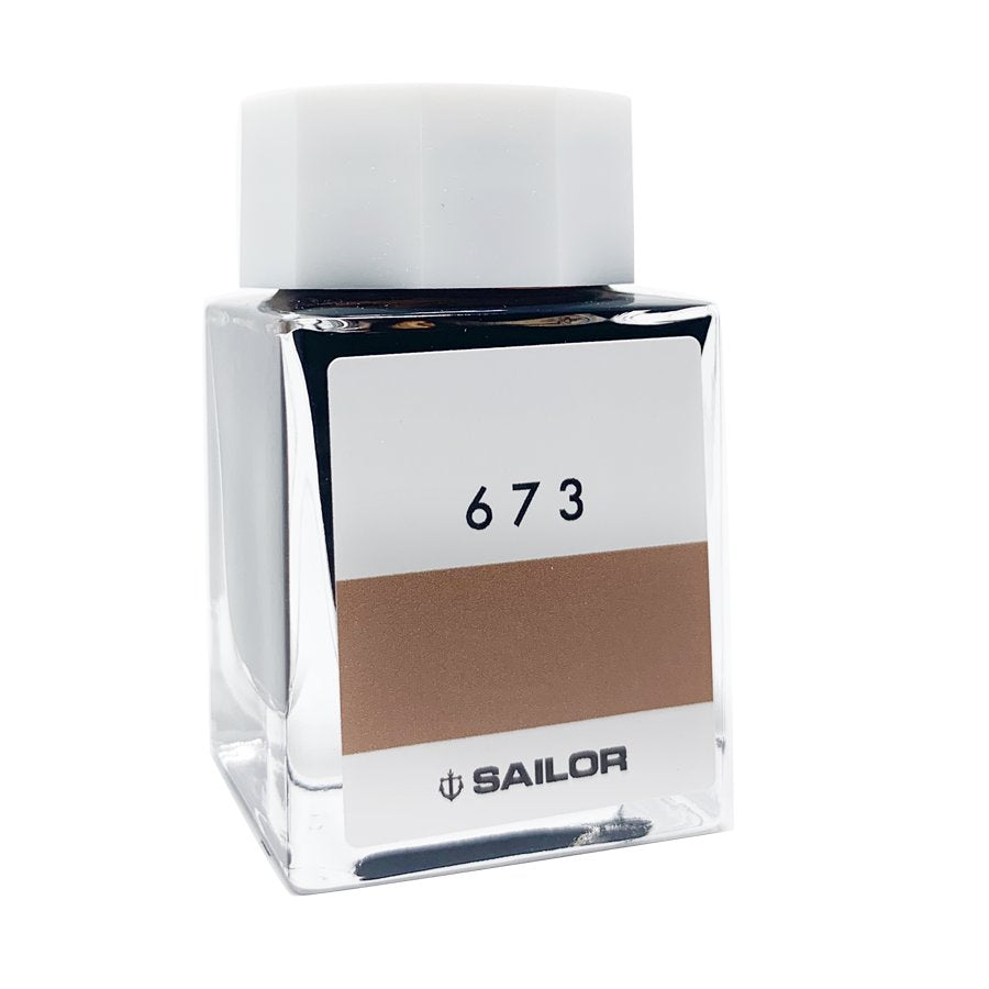 Ink Studio #673 - 20ml bottle by Sailor, featuring a square glass design, white cap, and brown-tone label with Sailor logo.