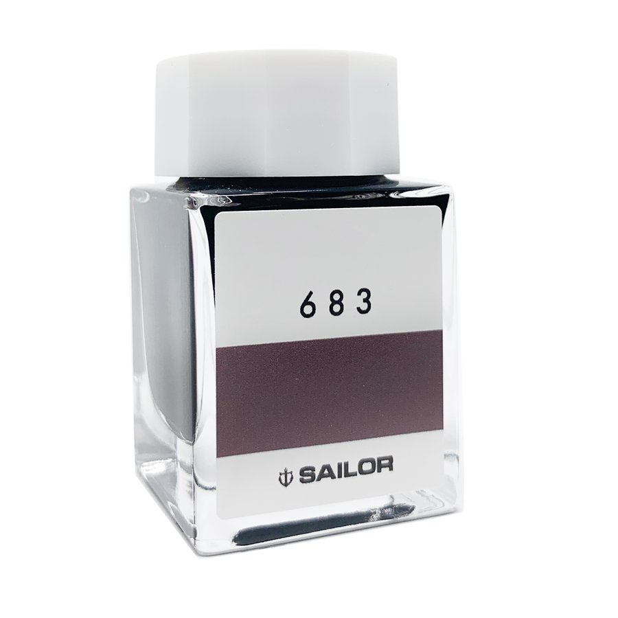 Square glass bottle of Sailor Ink Studio #683, featuring a white cap and visible swatch of reddish-brown ink, 20ml size.