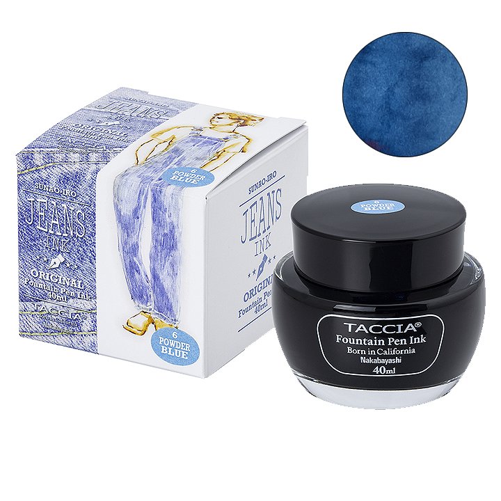 Taccia Powder Blue (Jeans) fountain-pen ink, 40ml, beside its illustrated box with an ink color swatch in the corner.
