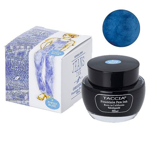 Taccia Powder Blue (Jeans) fountain-pen ink, 40ml, beside its illustrated box with an ink color swatch in the corner.