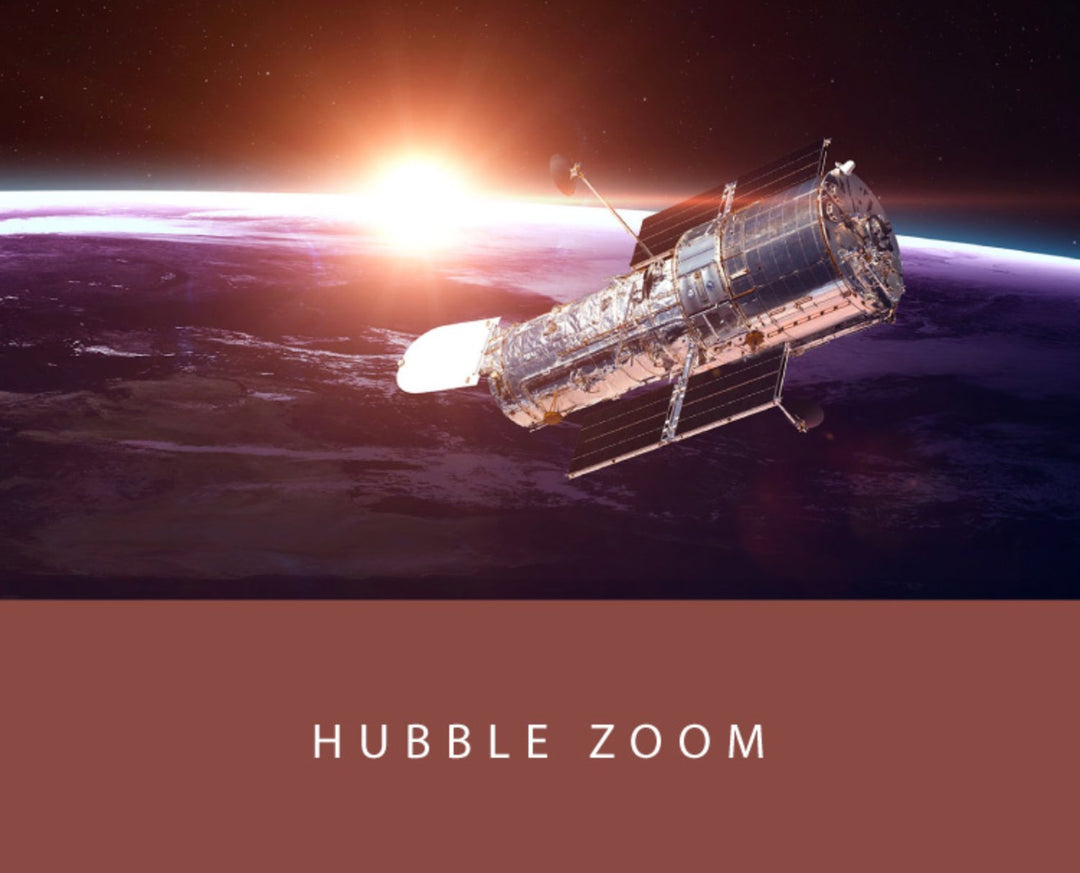 Illustration of Hubble Space Telescope in orbit, with Sun rising over Earth, labeled “HUBBLE ZOOM” for Colorverse&