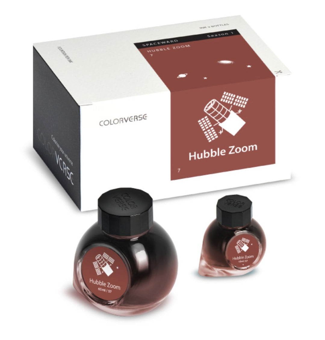 Hubble Zoom - 65ml + 15ml Set: Boxed Colorverse inks include two bottles, brochure, pen rest, stickers, bookmark, and napkin for premium writing experience.