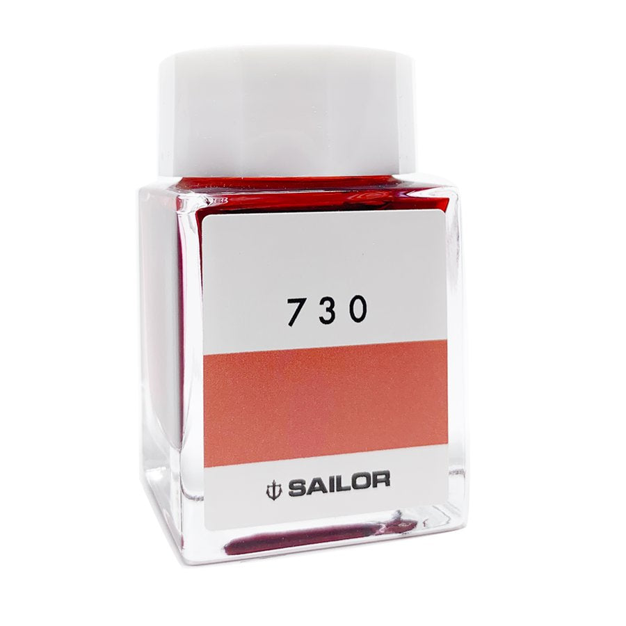 Sailor Ink Studio #730 - 20ml: Square glass bottle with white cap and Sailor logo, showcasing premium fountain-pen ink in a curated collection.