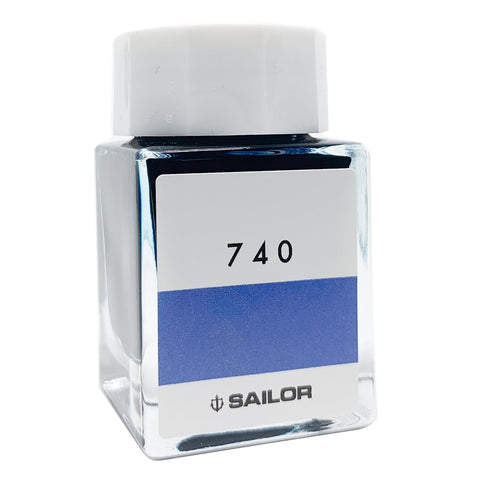 Sailor Ink Studio #740 - 20ml in a square glass bottle, featuring a blue ink swatch on the front, showcasing Sailor's curated collection.