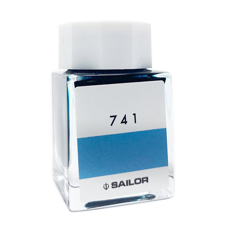 Square glass bottle of Sailor Ink Studio #741 - 20ml, with a white cap, showcasing a curated blue shade from Sailor's collection.
