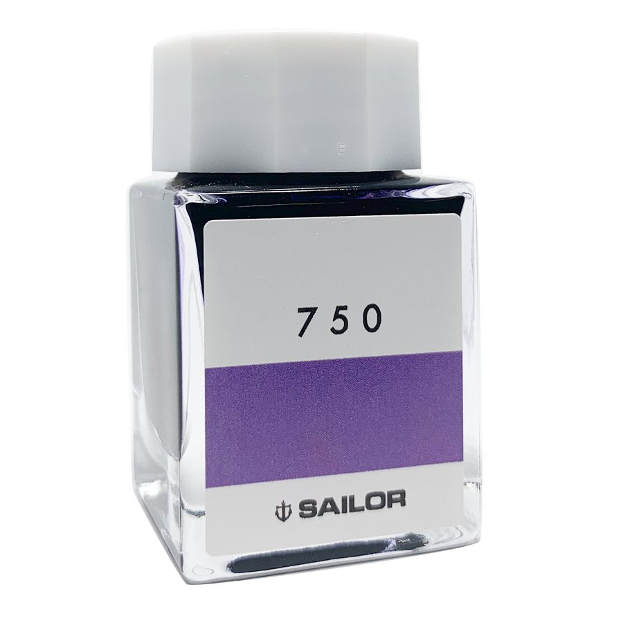 Square glass bottle of Sailor Ink Studio #750-2ml, showcasing the purple-hued fountain-pen ink, part of Sailor's 100-color curated collection.