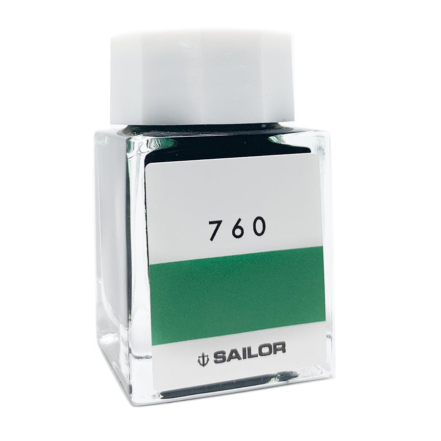 Sailor Ink Studio #760 – 20ml fountain-pen ink in a square glass bottle with a white cap, featuring a green label band and Sailor logo.
