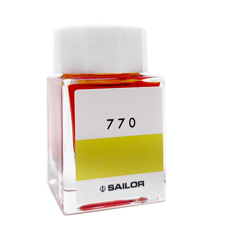 Ink Studio #770 - 20ml: Square glass bottle with white cap, filled with bright orange/red Sailor fountain-pen ink.