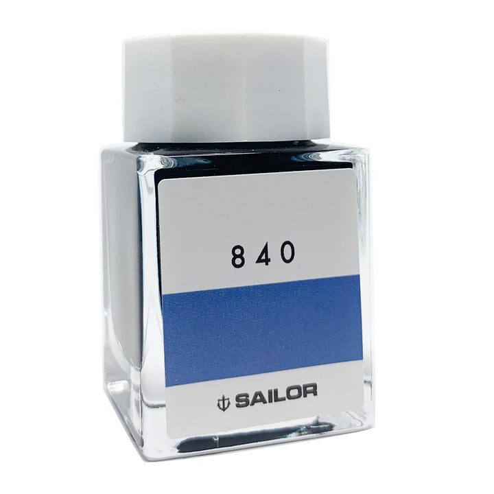 Sailor Ink Studio #840 - 2ml, square glass bottle with blue label, part of Sailor's curated 100-color collection, featuring dye-based fountain-pen ink.