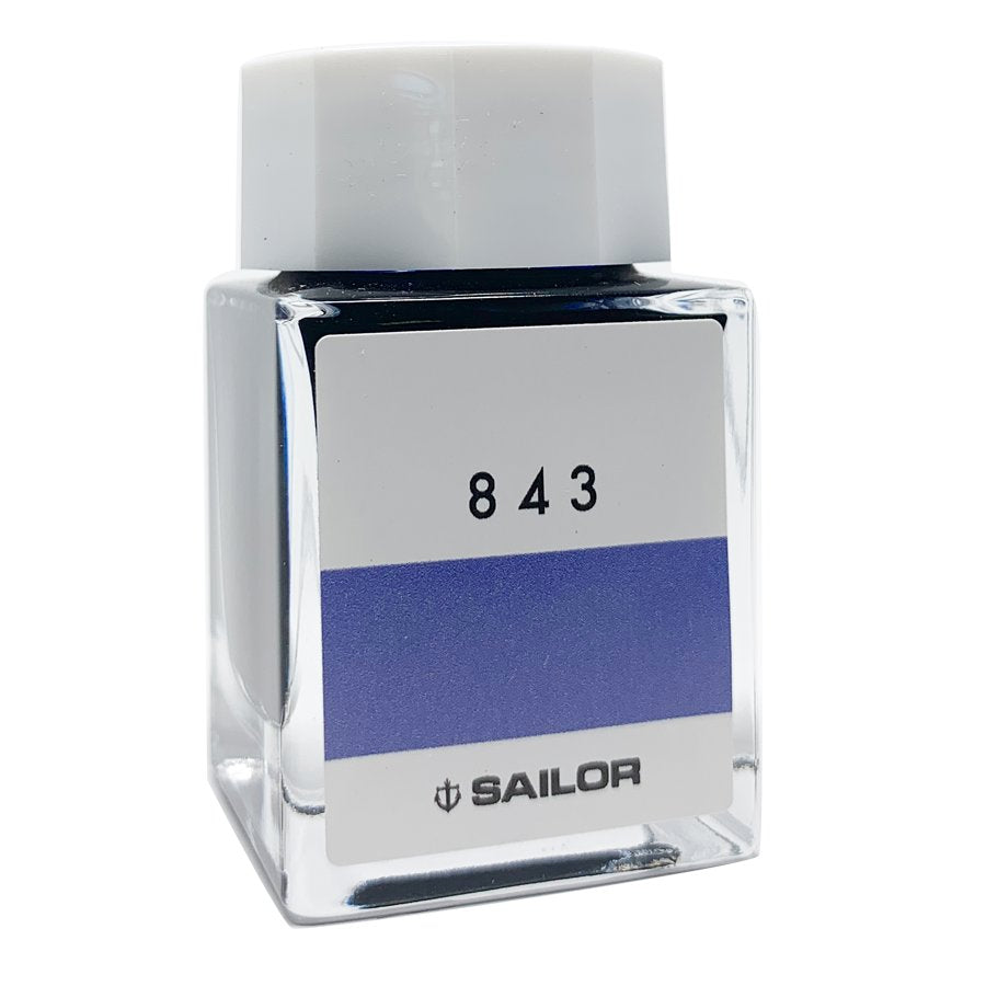 Ink Studio #843 - 20ml: Square glass bottle with white cap, labeled 843. Features Sailor logo and blue band on the label.