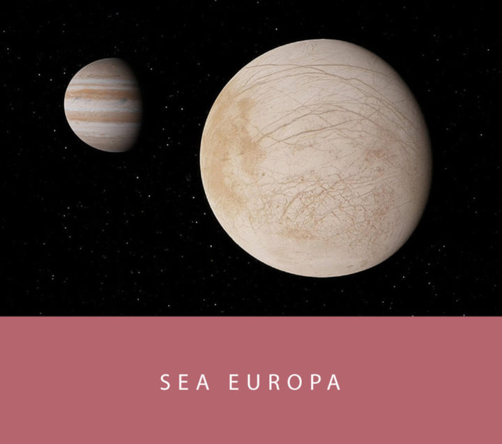 Jupiter and Europa with SEA EUROPA text; Colorverse's Sea Europa ink, 2ml sample, inspired by Europa's subsurface ocean, offers a plant-based, smooth writing experience.