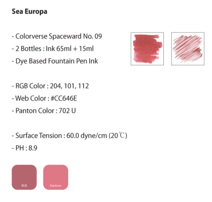 Sea Europa - 2ml sample from Colorverse's Spaceward series, displaying two ink bottles, color swatches, and detailed specifications for a premium, plant-based fountain-pen ink.