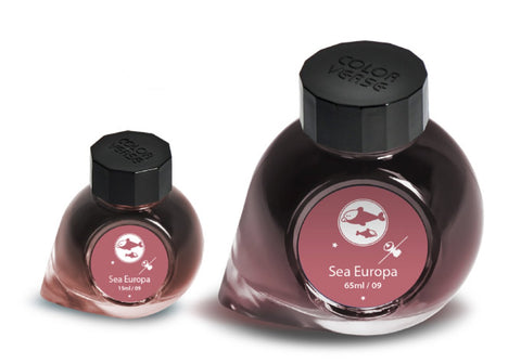 Sea Europa - 65ml + 15ml Set features two round glass bottles with black caps, labeled with fish and satellite graphics, containing burgundy ink.