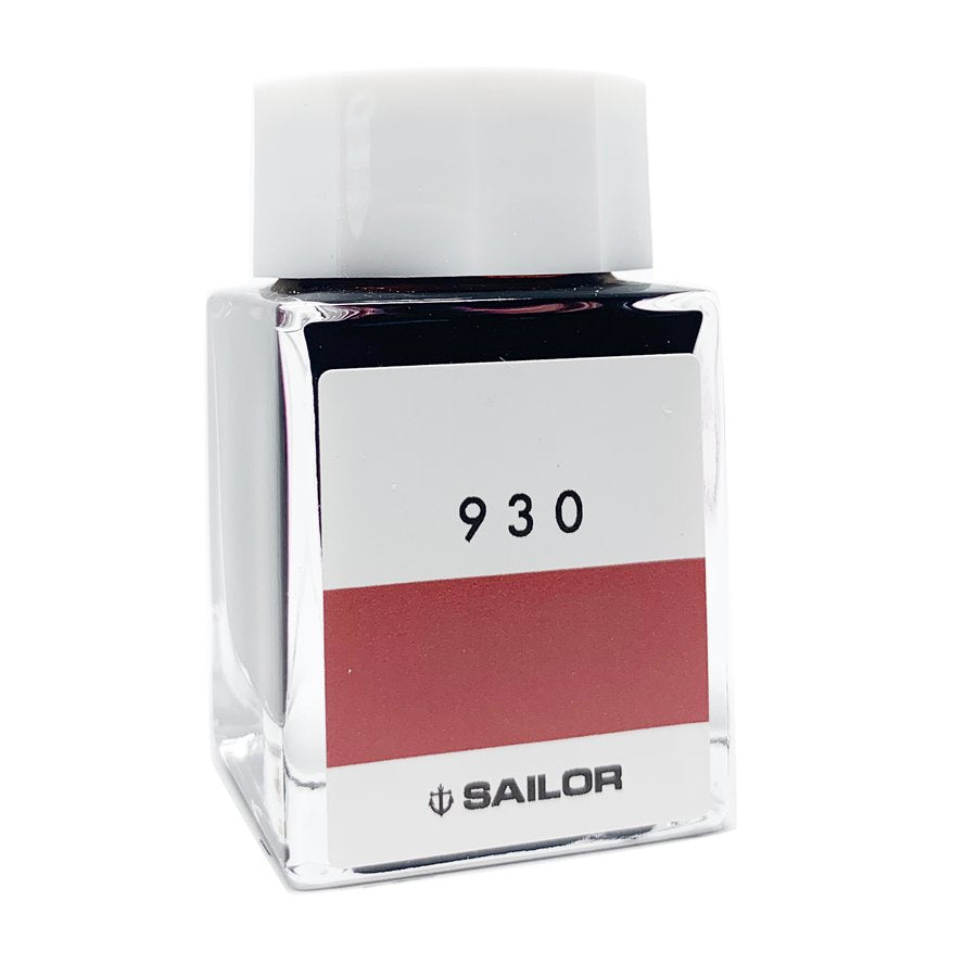 Ink Studio #930 - 2ml: A square glass bottle with a white label, red swatch, and white screw-top cap, showcasing Sailor's diverse ink collection.