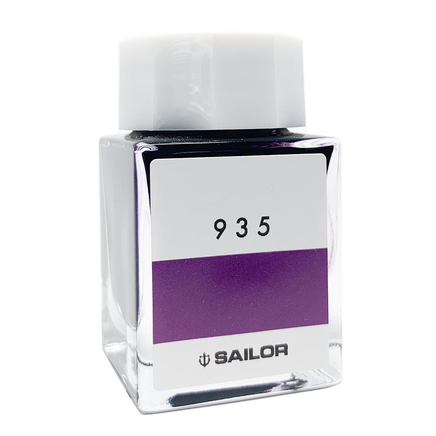 Sailor Ink Studio #935 in a clear, square bottle with a white cap, featuring a purple swatch label. A compact, 20ml dye-based fountain pen ink.