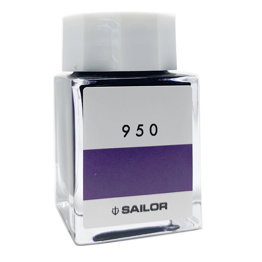 Sailor Ink Studio #950 - 20ml: A square glass bottle of dye-based fountain pen ink, featuring a 950 label with a visible purple color swatch.
