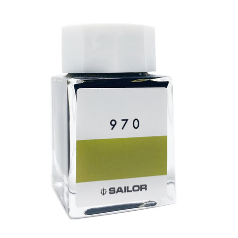 Sailor Ink Studio #970 - 20ml: Square glass bottle with white cap, labeled 970, featuring an olive-green ink swatch.