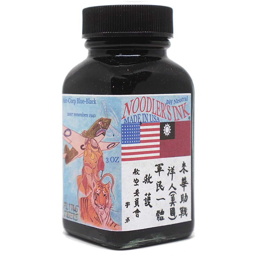 Noodler's Ink 3oz bottle, Air Corp Blue Black, features U.S. and Taiwan flags, vintage artwork, and Chinese characters. pH-neutral, dye-based, water-resistant ink.