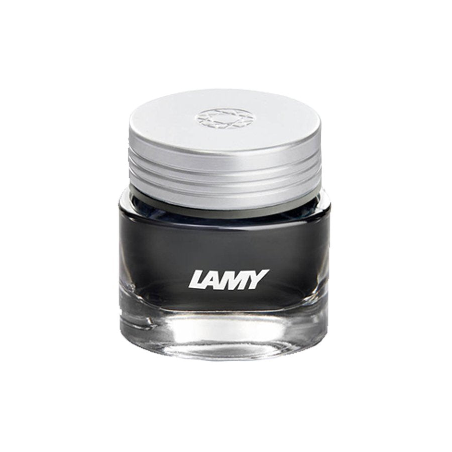 Lamy T53 Crystal Ink - Agate - 30ml, a small glass bottle with black ink, silver screw-on cap, and renowned German craftsmanship.