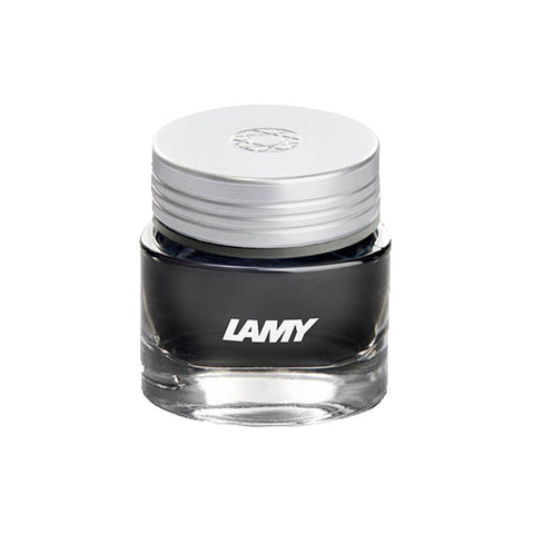 Lamy T53 Crystal Ink - Agate - 30ml, a small glass bottle with black ink, silver screw-on cap, and renowned German craftsmanship.