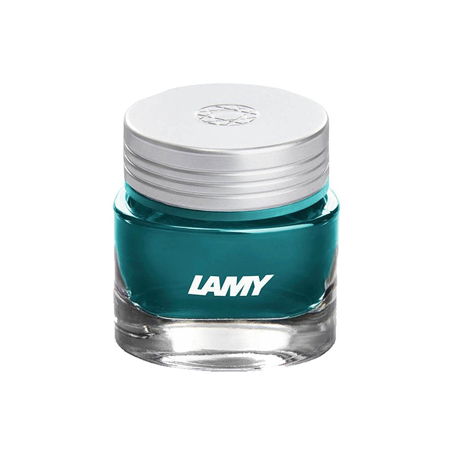 LAMY T53 Crystal Ink - Amazonite - 2ml, clear glass bottle with teal-turquoise ink, silver screw-on cap, showcasing German craftsmanship in premium writing accessories.