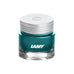 LAMY T53 Crystal Ink - Amazonite - 2ml, clear glass bottle with teal-turquoise ink, silver screw-on cap, showcasing German craftsmanship in premium writing accessories.