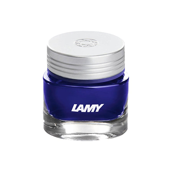 T53 Crystal Ink - Azurite - 30ml: A small glass bottle of LAMY fountain-pen ink with a silver screw cap, showcasing LAMY's quality craftsmanship.