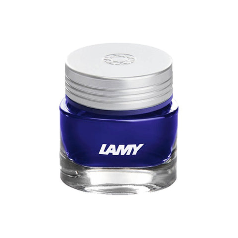T53 Crystal Ink - Azurite - 30ml: A small glass bottle of LAMY fountain-pen ink with a silver screw cap, showcasing LAMY's quality craftsmanship.