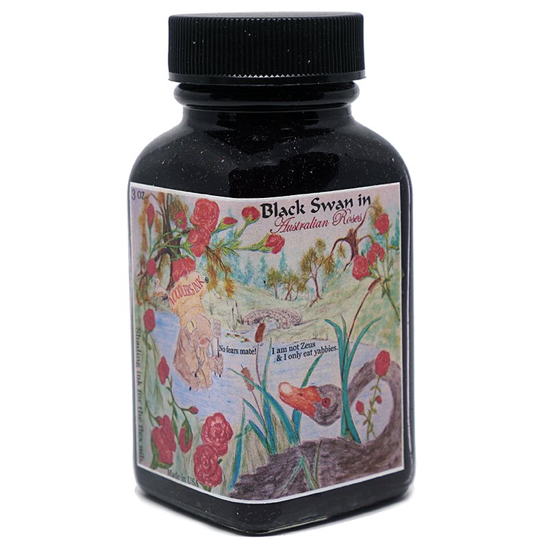 3-oz. bottle of Noodler’s Black Swan in Australian Roses ink, featuring black swan and roses on label with playful speech bubbles.
