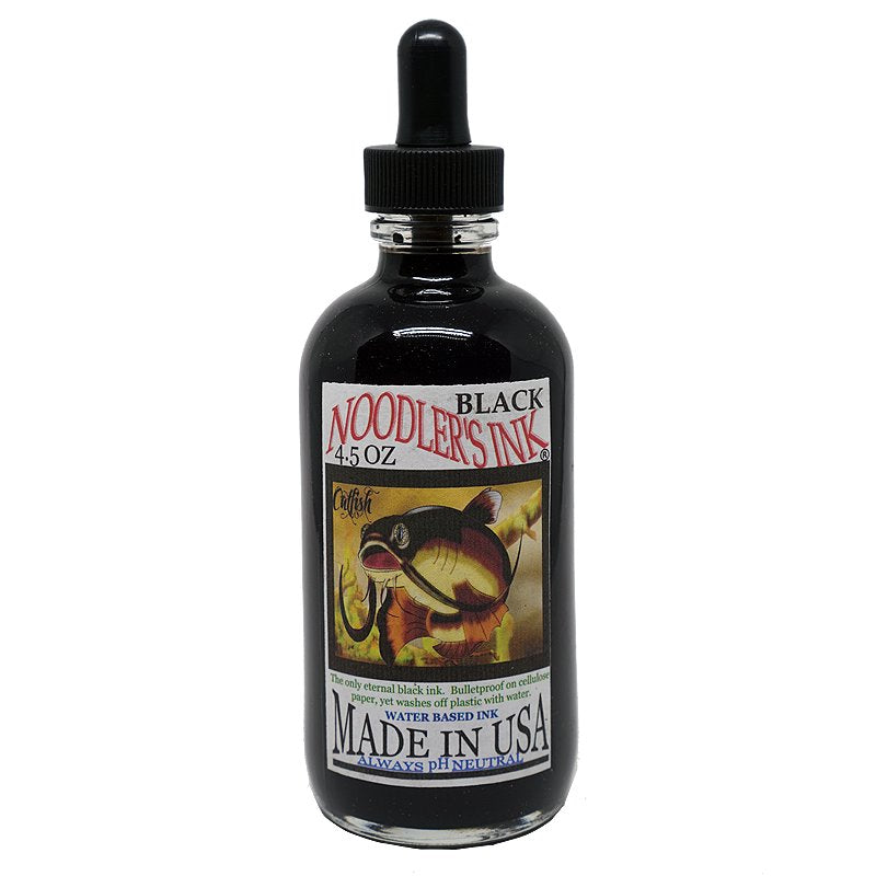 Noodler's Black - 133ml glass bottle with catfish label, water-based, pH-neutral fountain-pen ink, black dropper cap, made in USA.