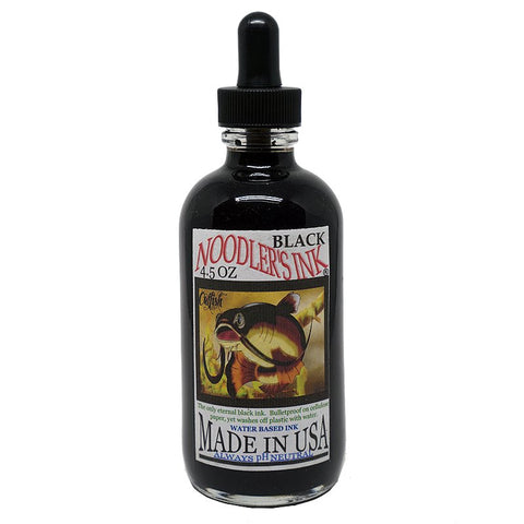 Noodler's Black - 133ml glass bottle with catfish label, water-based, pH-neutral fountain-pen ink, black dropper cap, made in USA.