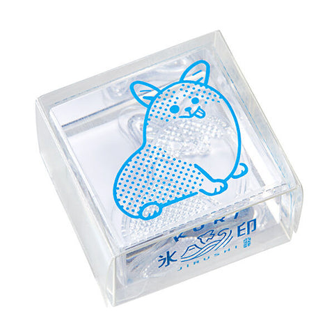 Kori Jirushi Corgi Stamp - Large: a clear acrylic box with a silicone mold for making four small corgi-shaped ice cubes.