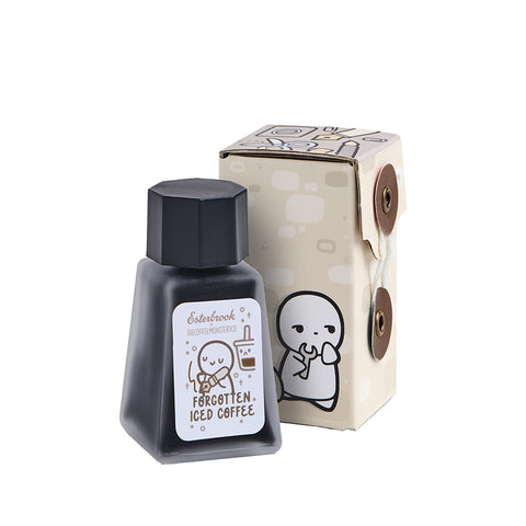 Esterbrook TheCoffeeMonsterzCo - Forgotten Iced Coffee Ink, 30ml. Faceted glass bottle with cartoon label, alongside decorative box.