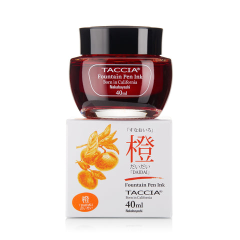 Taccia Daidai - 40ml fountain pen ink bottle on its matching box, showcasing the Japanese-inspired design and neutral pH formula for resin pens.