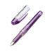 Preppy - Fine (Purple) transparent fountain pen with metal nib, uncapped. Clear barrel displays ink feed; includes slip & seal mechanism preventing ink from drying.