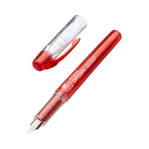 Preppy - Extra Fine (Red) fountain pen with translucent-red barrel, visible nib, clear ink chamber, and matching cap featuring a red clip, showcasing its sleek design.