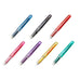 Seven transparent-barrel fountain pens, including the Preppy - Fine (Pink), featuring various body colors, showcasing Platinum's affordable starter pen with a slip & seal mechanism.