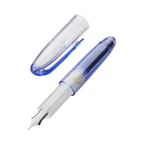 Petit1 Mini - Fine (Blue) fountain pen with translucent-blue body, metal nib, and clear grip section. Cap is placed aside, showcasing its portable, fun design.