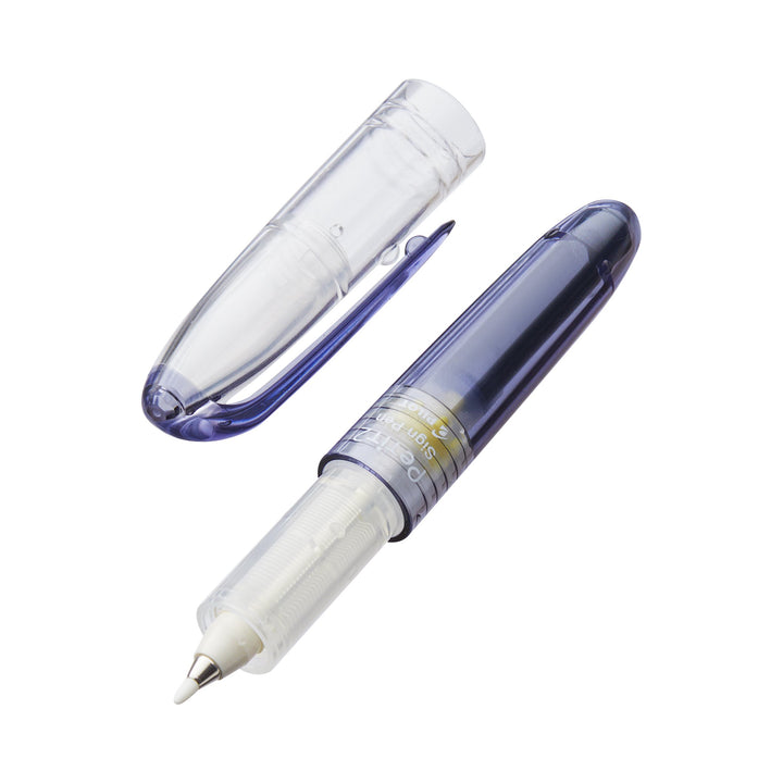 Petit2 Mini Sign Pen - Medium - Set of 8, featuring a capped translucent blue barrel beside the metal-tip applicator, highlighting its portable, fun design.