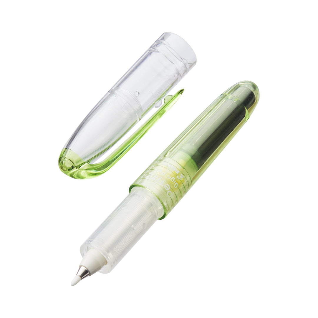 Petit2 Mini Sign Pen - Medium (Green) with a translucent barrel, exposed applicator tip, and click-closure cap, designed for portability and fun writing.