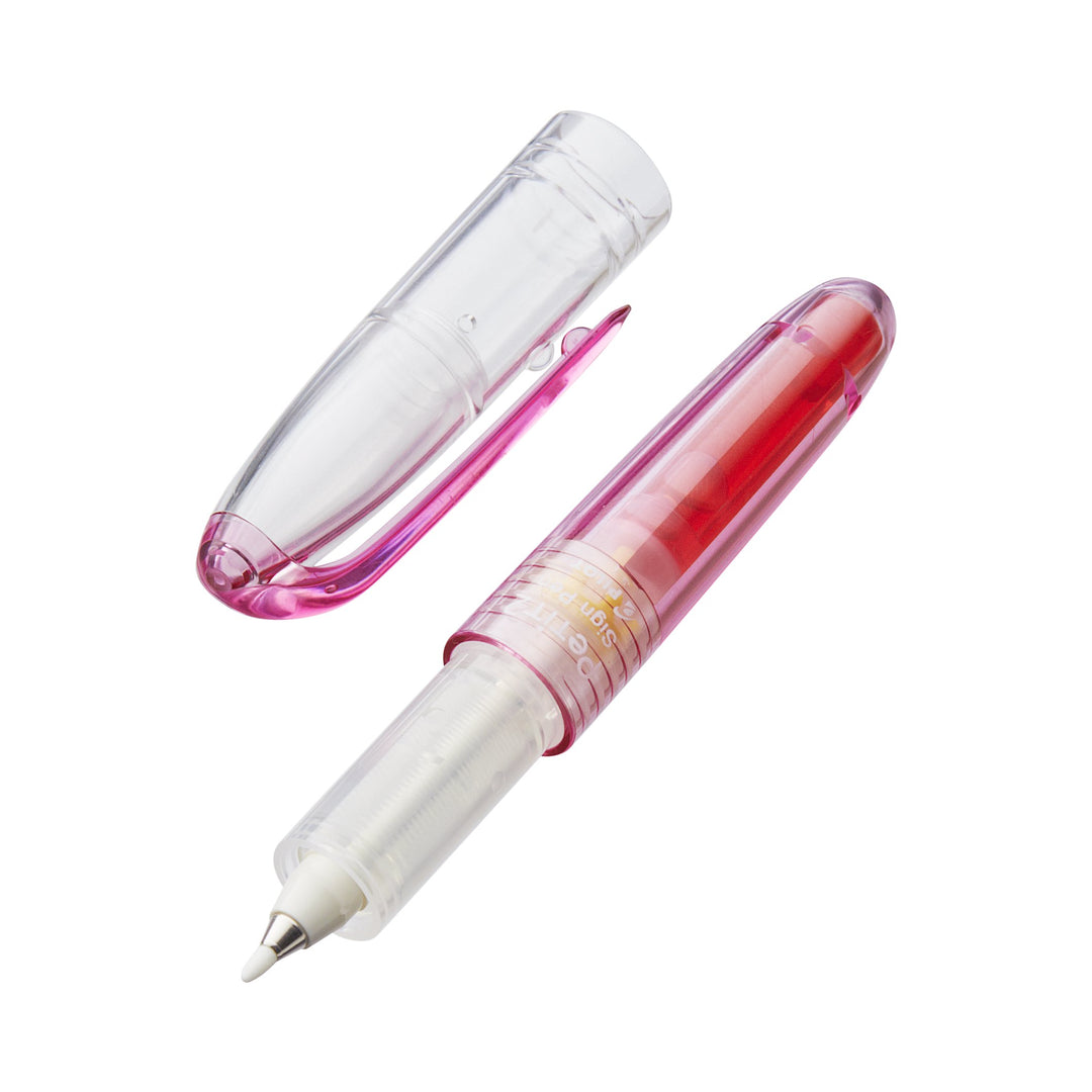 Petit2 Mini Sign Pen - Medium (Pink) with translucent barrel, fine tip, and matching cap. Ideal for portability with included ink cartridge matching the pen body.