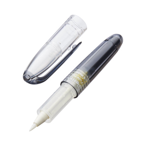 Petit3 Mini Fude Brush Pen - Black with transparent body, visible brush nib, ink reservoir, and click-closure cap with clip shown separately.