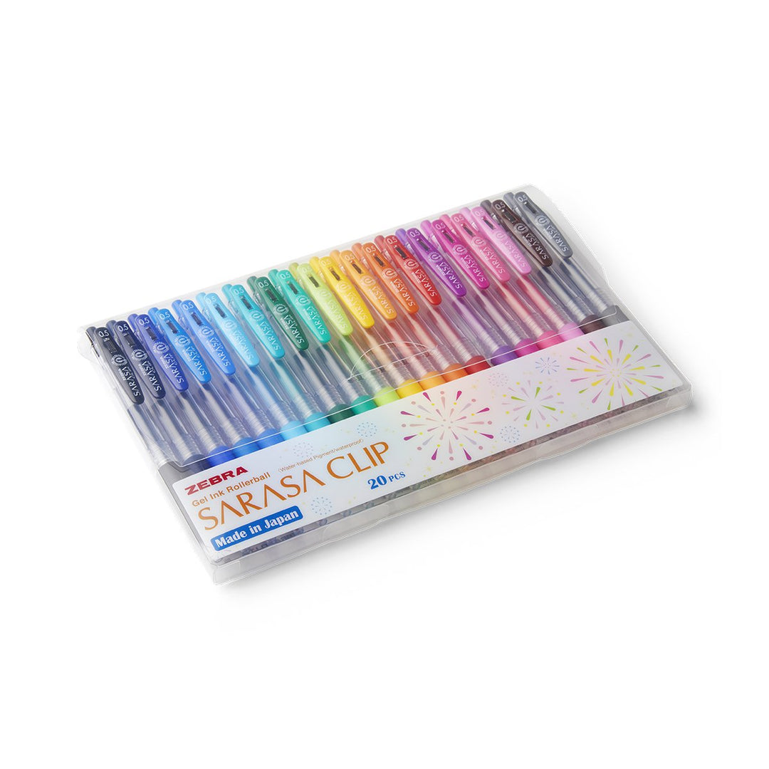 Sarasa Clip Gel Pens (20 Colour Set) in a clear plastic box featuring retractable nibs, translucent barrels with matching clips, ideal for smooth writing on thin paper.