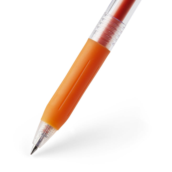 Close-up of Sarasa Clip Gel Pen with a transparent barrel, orange grip, metal tip, and visible red ink reservoir, part of a 20 colour set.
