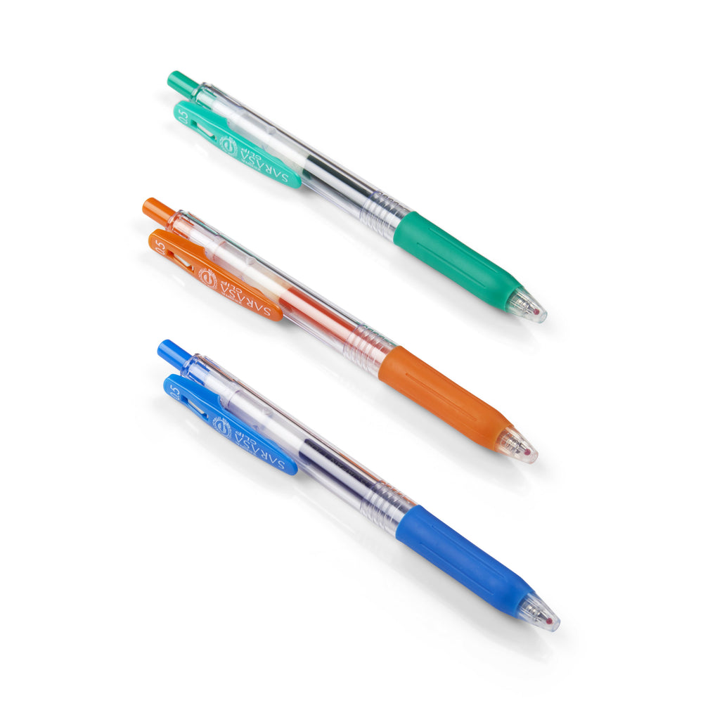 Sarasa Clip Gel Pens (20 Colour Set) featuring three retractable pens with visible ink cartridges, rubberized grips, and matching clips and buttons in teal-green, orange, and blue.