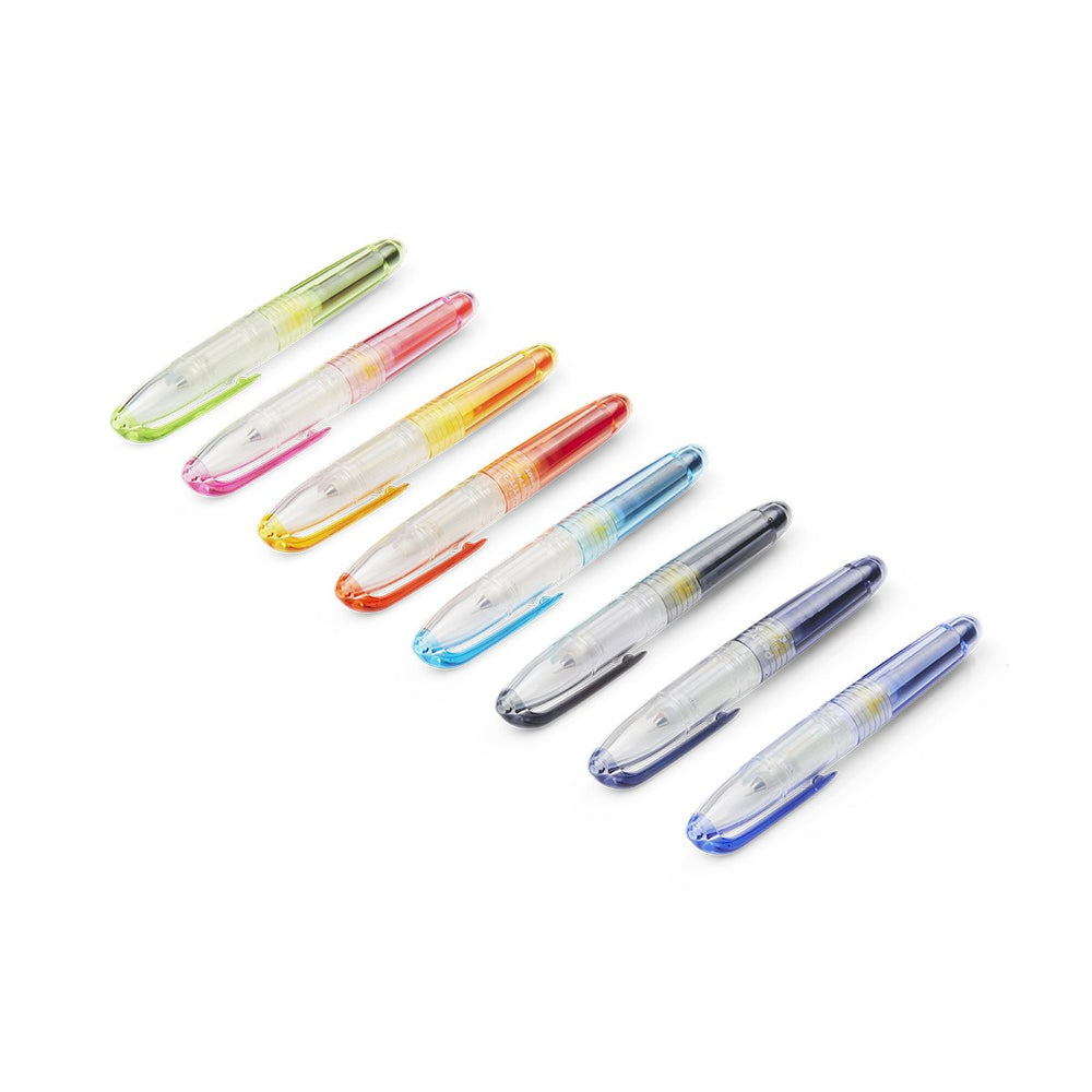 Pilot Petit2 Mini Sign Pen - Medium (Orange) shown among nine pens, diagonally arranged, with clear barrels and matching translucent caps, highlighting its compact, portable design.