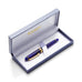 Luxury #3776 Century - Chartres Blue fountain pen with gold trim, displayed in a hinged box lined with satin, showcasing Platinum's 14k gold nib craftsmanship.