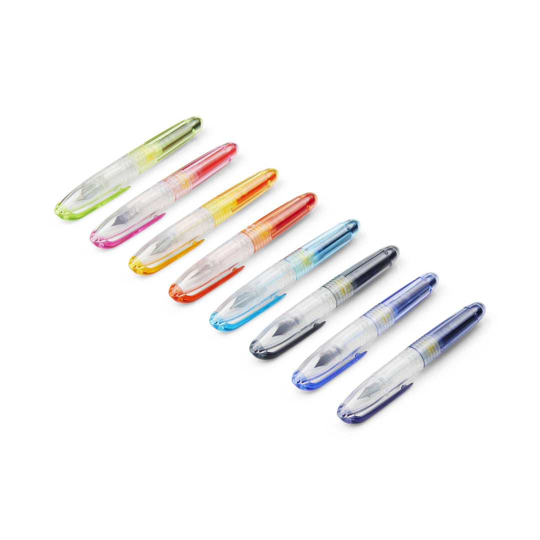 A set of ten Pilot Petit1 Mini - Fine pens with translucent bodies, showcasing colorful ink reservoirs and end caps, arranged diagonally on a white background.