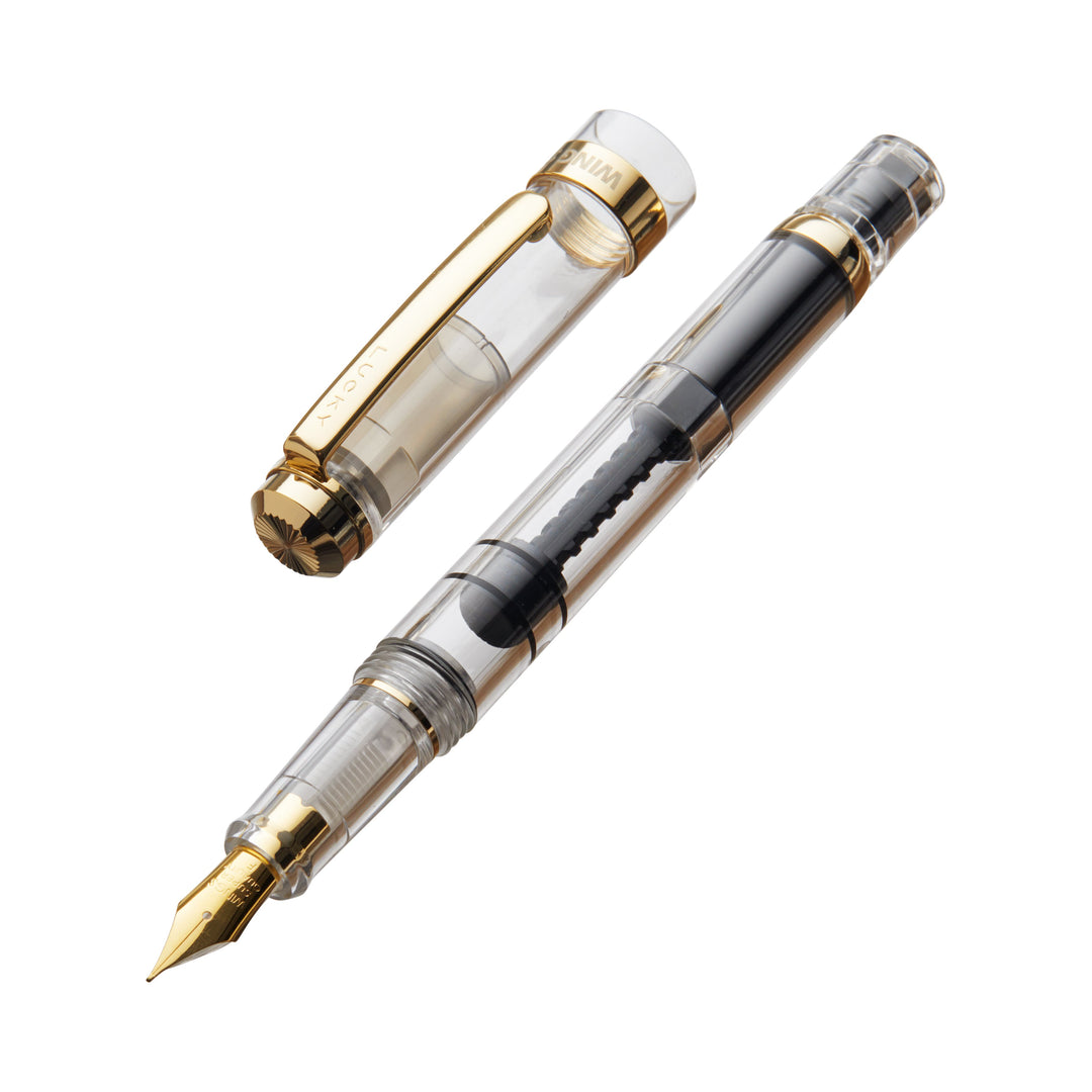 Wing Sung 698 (Clear/Gold) - Fine fountain pen with transparent acrylic, gold-plated nib, piston-filling mechanism, and gold-trimmed cap with clip. Cap is post-able.